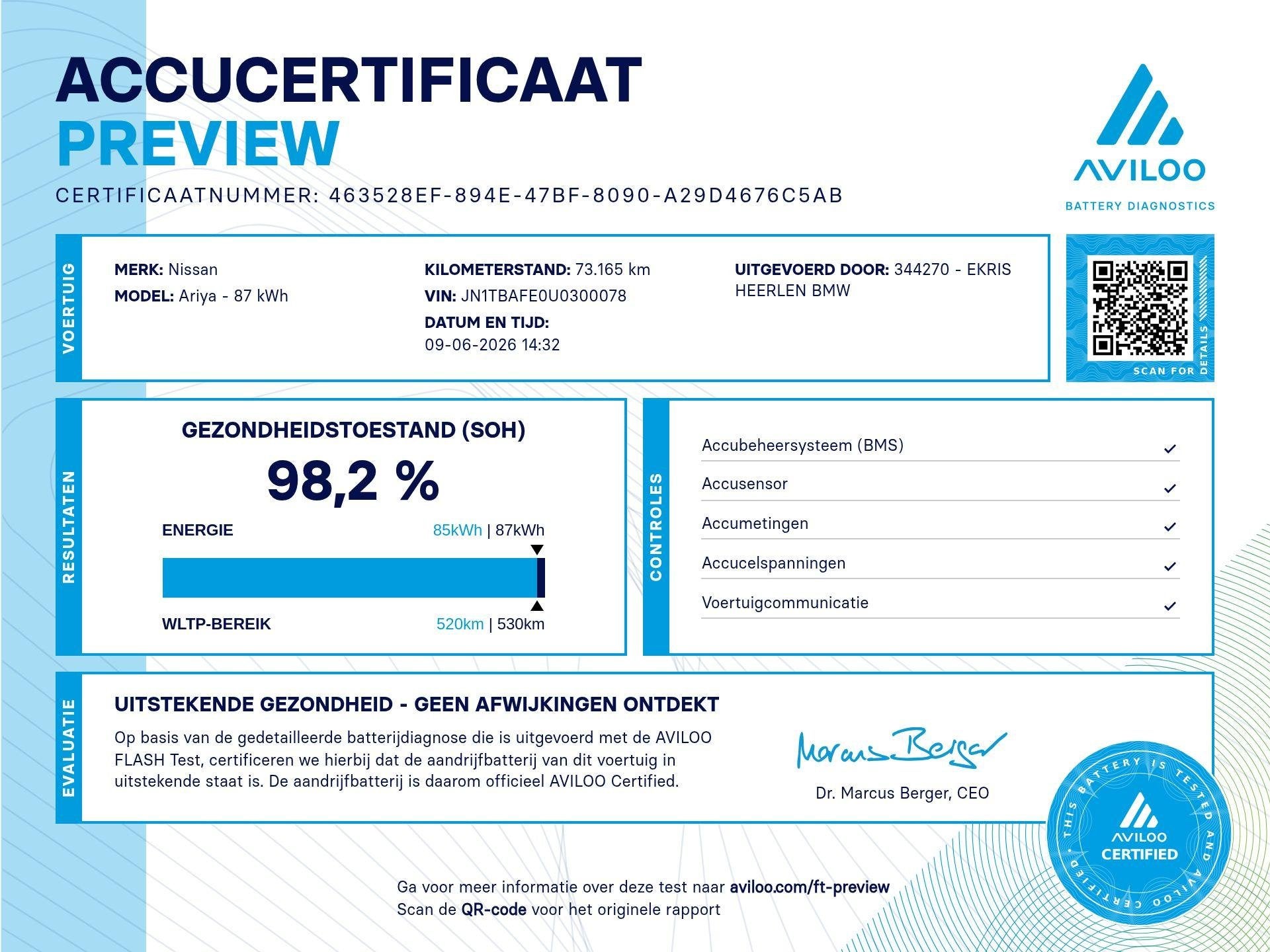 Nissan Ariya Evolve 91 kWh / SoH 98% / Pano / Dashcam / Memo, Gebruikt, 110 €/maand, Zwart, Ariya