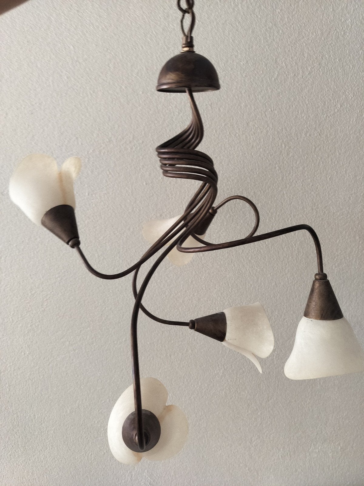 Koperen lamp met 5 kelken - twee stuks beschikbaar, Ophalen of Verzenden, Zo goed als nieuw, Glas