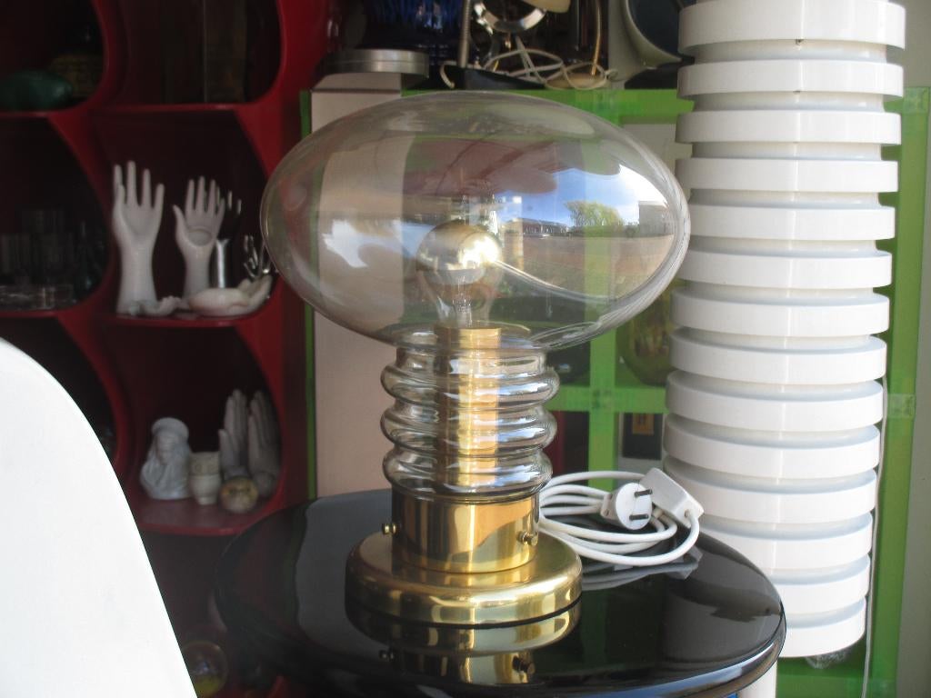 Space age design jaren 70 tafellamp messing glas retro, Ophalen of Verzenden