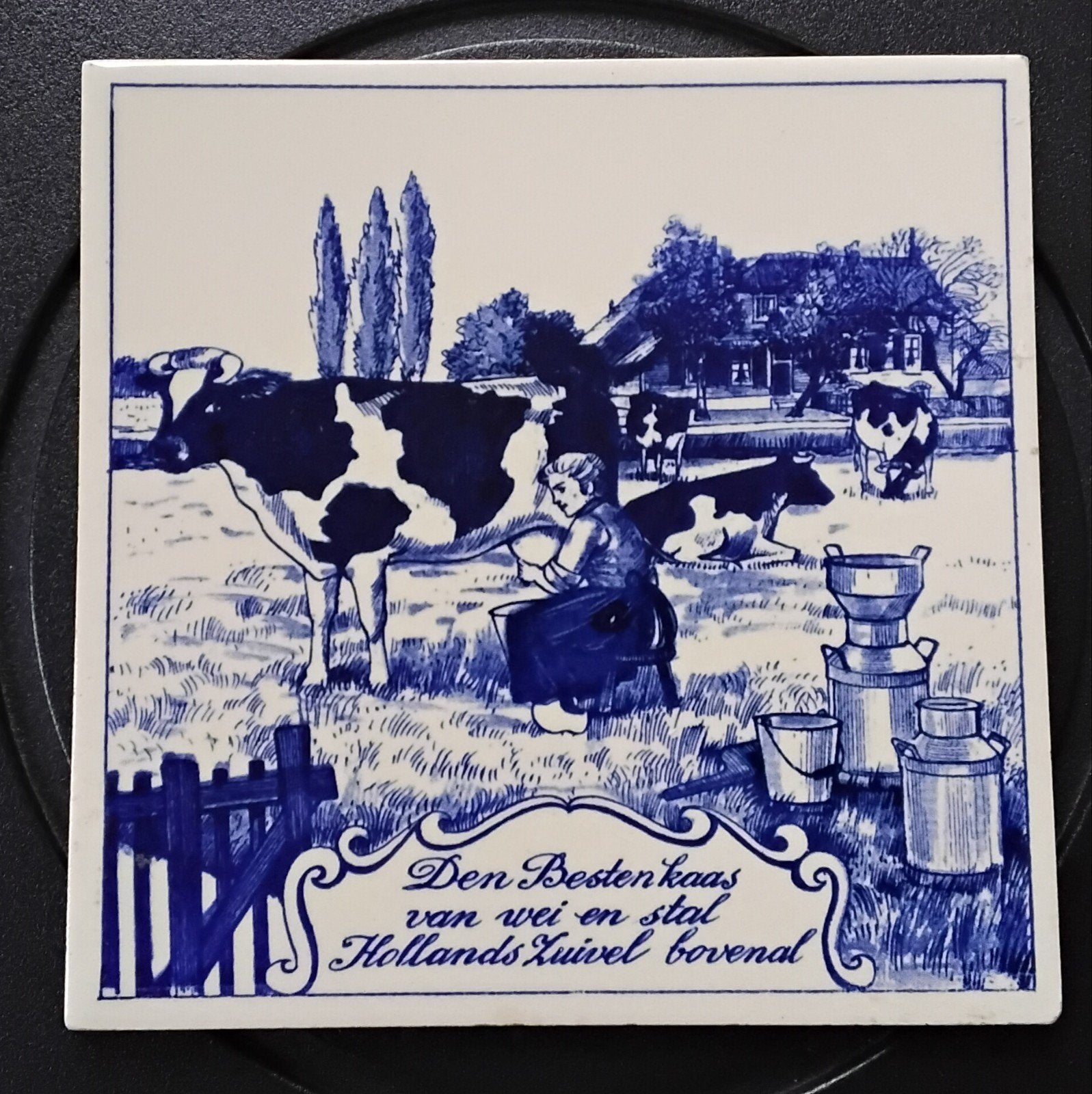 Delfts Blauw Tegeltableau: Hollands Tafereel met Koeien, Ophalen