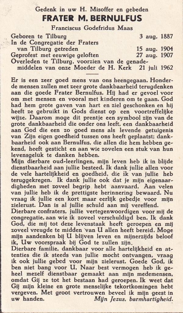 Maas Franciscus 1887 Tilburg 1962 priester, Ophalen of Verzenden, Bidprentje