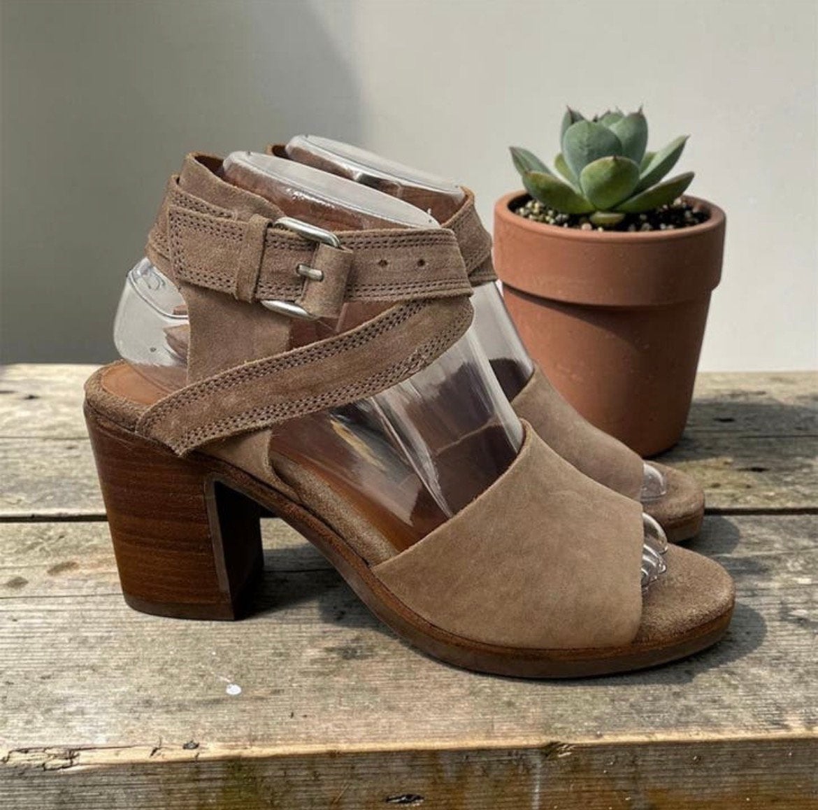 Shabbies Sandalen Maat 39 Beige Bruin Leer Suède Blokhak, S, Shabbies Amsterdam, Verzenden, Beige