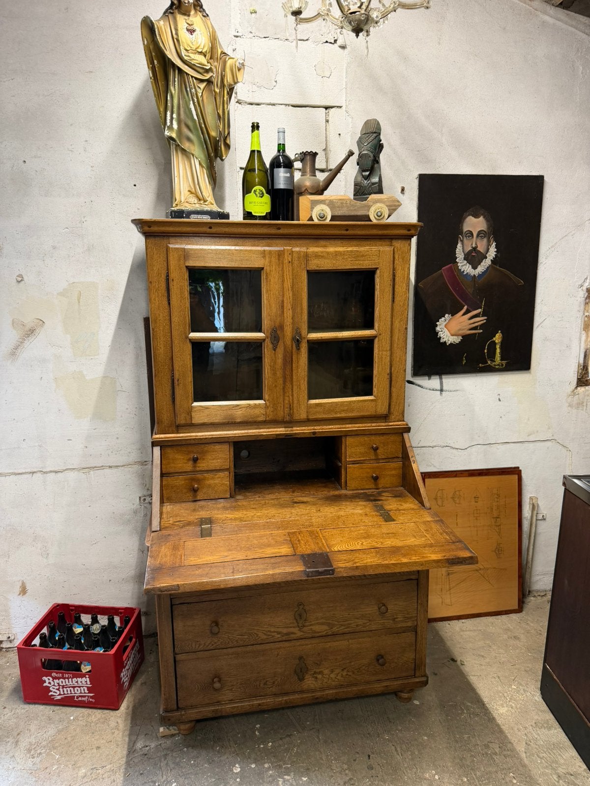 Eiken bureau klepbureau kast met laden, Ophalen, M, Zo goed als nieuw, M