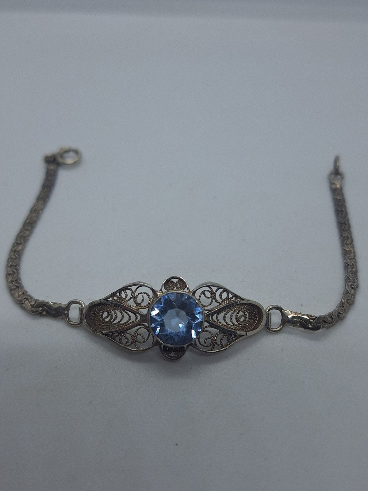 Vintage Zilveren Armband met Aquamarijn en Filigrain, Gebruikt, Ophalen of Verzenden, Met edelsteen, Zilver