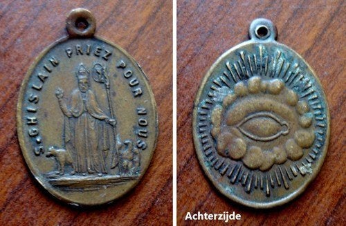 oude christelijke medaille met patroonheilige St. Ghislain, Postzegels en Munten, Verzenden, Overige materialen, Buitenland