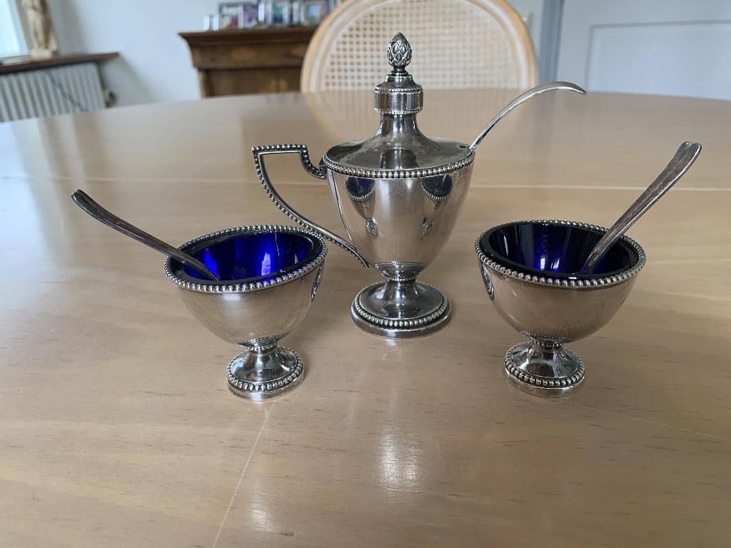 Massief zilveren mosterdpotje en zoutvaatjes, Ophalen of Verzenden, Zilver