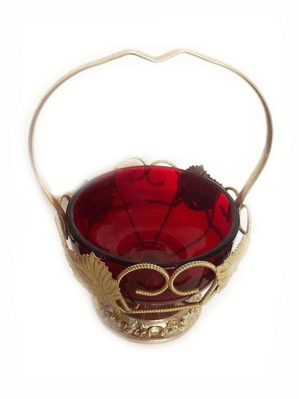 Antieke Engels brocante bonbonschaaltje met handvat goud, Ophalen of Verzenden