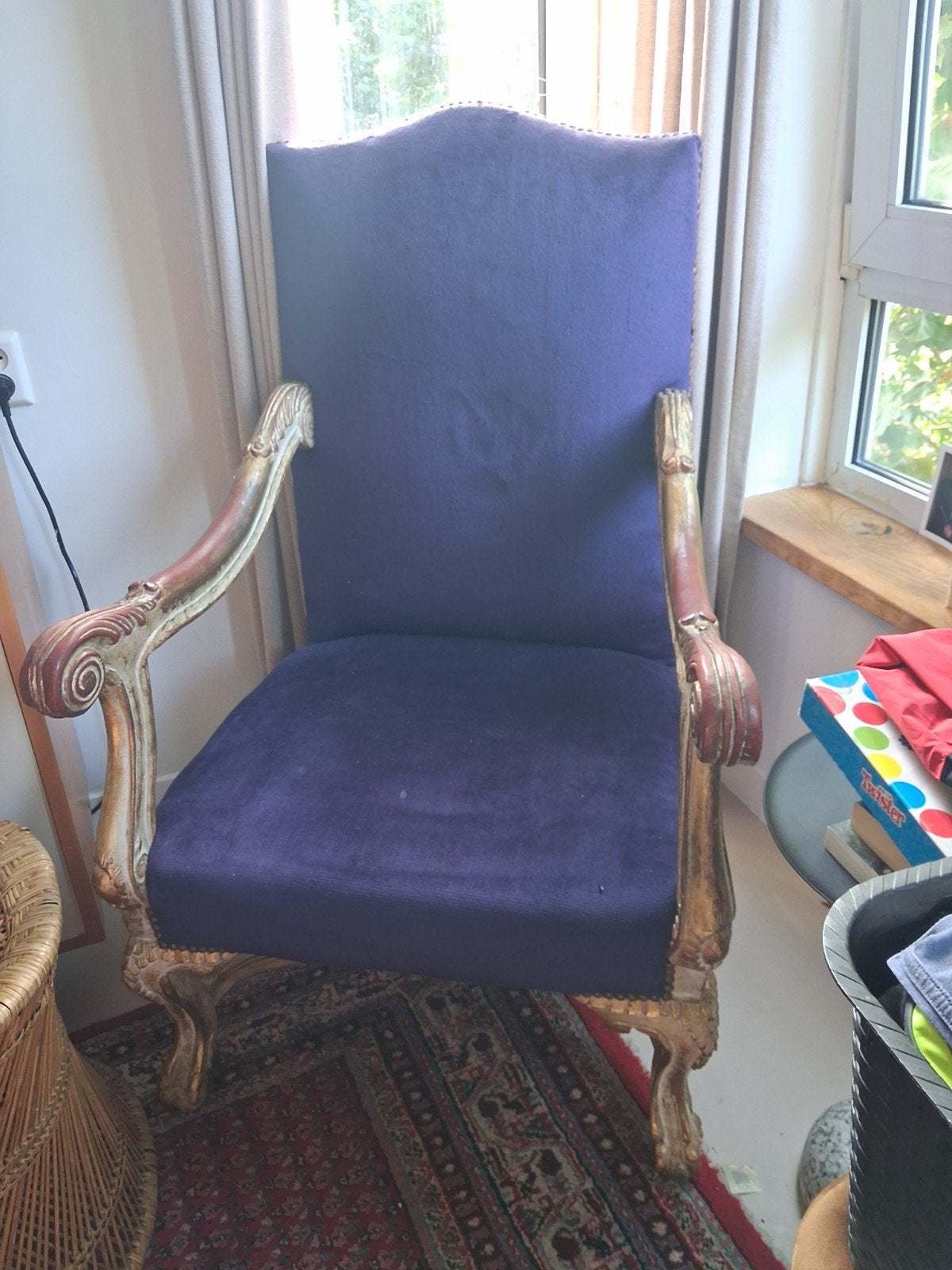Antieke zetel met paarse fluwelen bekleding, Ophalen of Verzenden