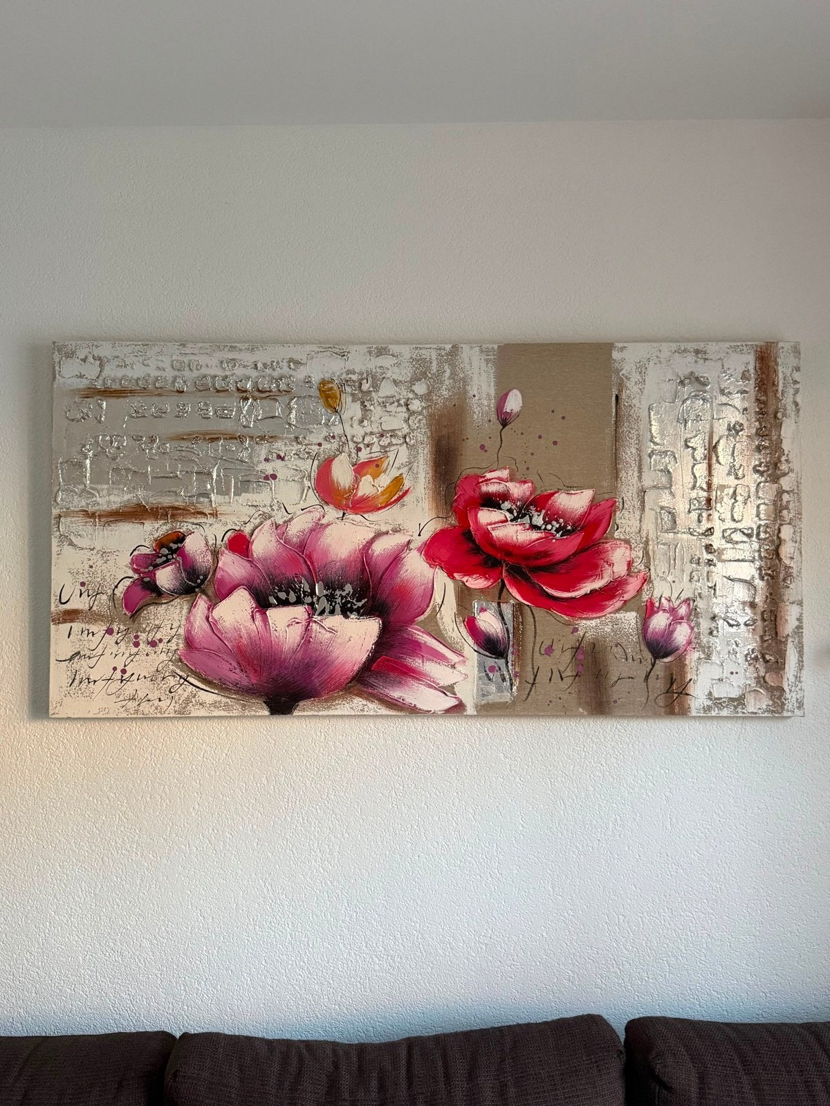 Schilderij met bloemen en textuur, Acrylverf, Bloemen, Textiel, Gelakt/vernis