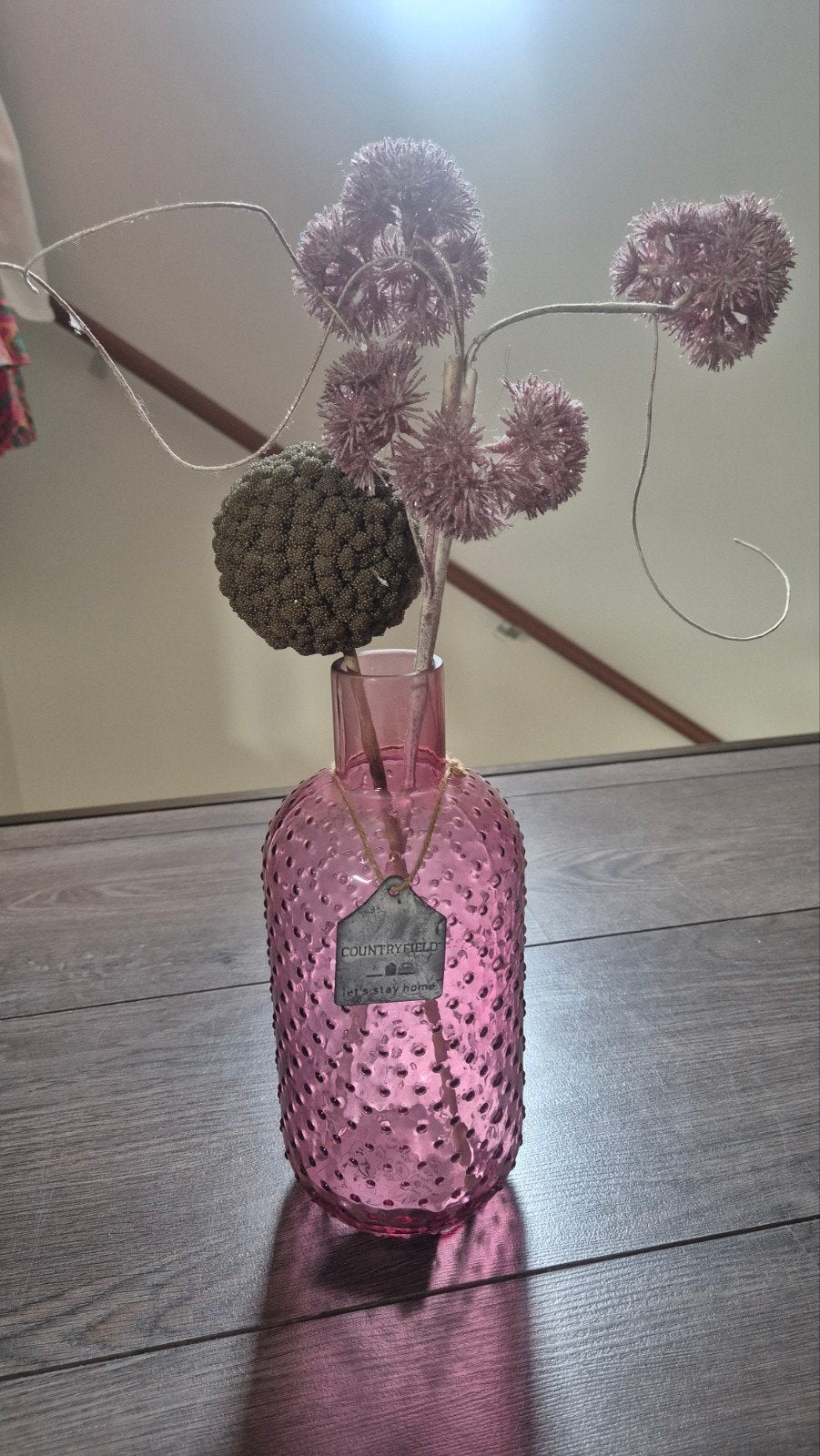 Roze glazen vaas met noppen en decoratie, Geschikt voor droogbloemen, Ophalen of Verzenden, Roze, Glas