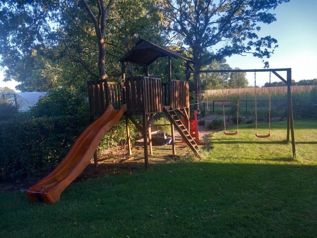 Houten speeltoestel met glijbaan en schommels, Ophalen, Gebruikt, Glijbaan