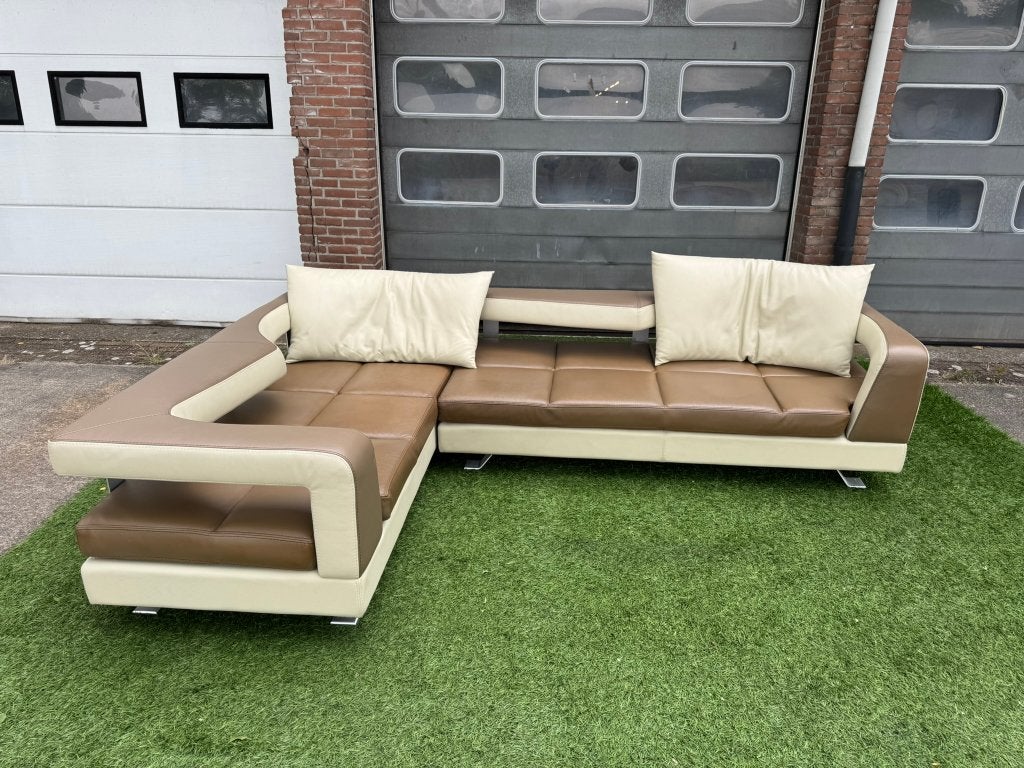 Hoekbank FORMENTI design bankstel bruin/creme buffel leer, Ophalen, Geen, Pahest@hotmail.nl, Design