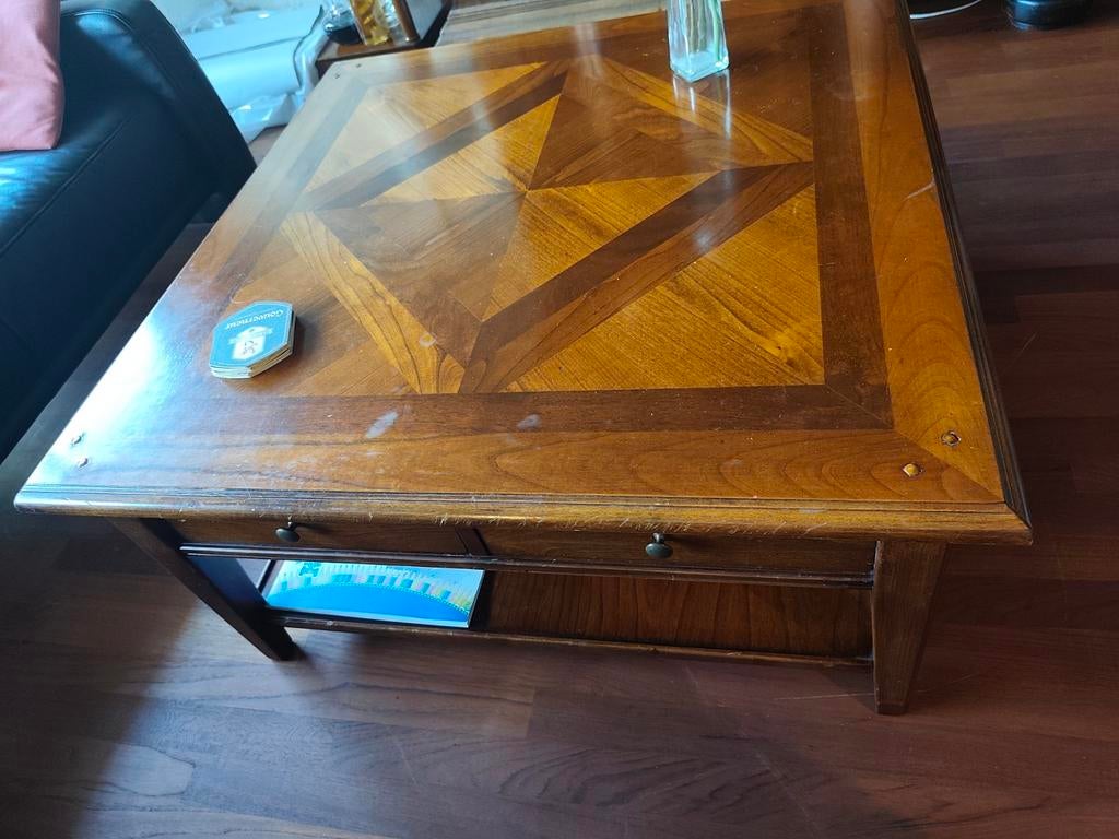 Houten salontafel met lade en opbergvak, Huis en Inrichting, Ophalen, Gebruikt, 100 tot 150 cm, Klassiek