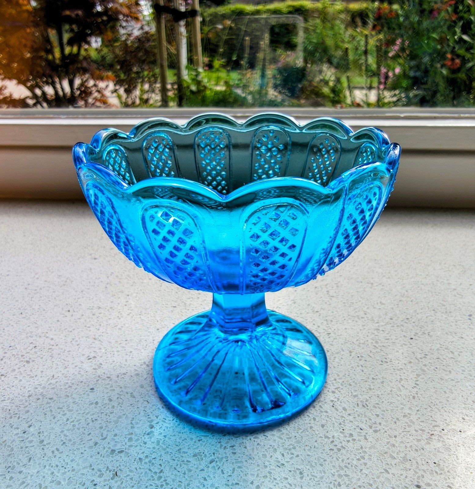 Vintage Fins glazen suikerpotjof ijscoupe aqua blauw, Ophalen of Verzenden, Zo goed als nieuw, Rond, Glas