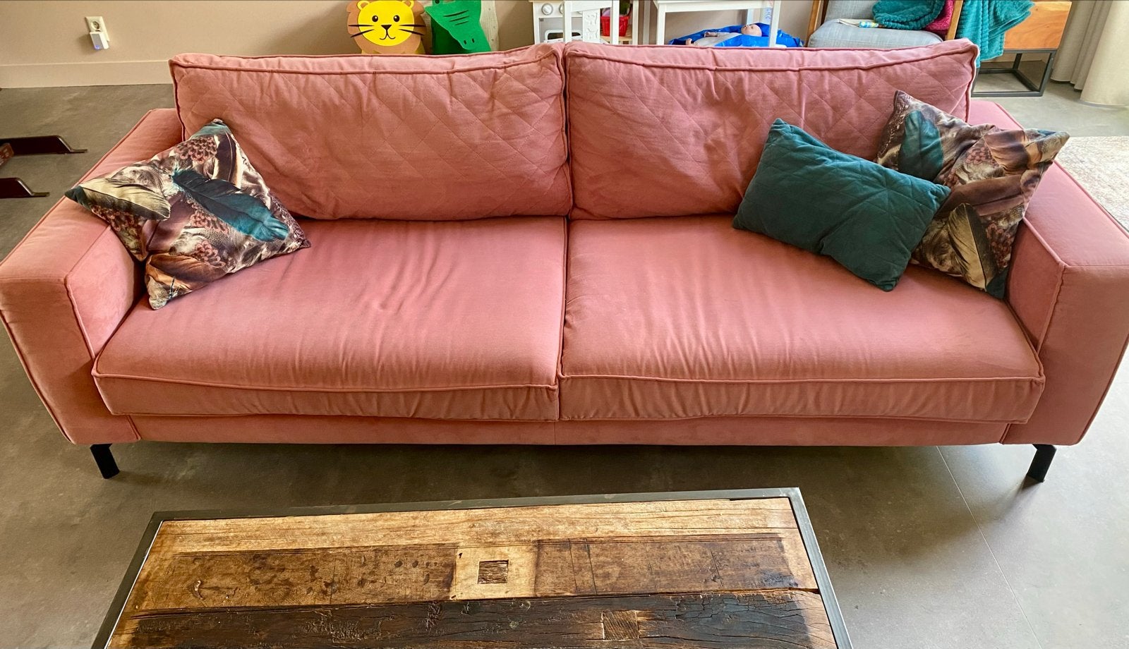 Roze fluwelen bank driezits, Ophalen, Gebruikt, Driepersoons, 75 tot 100 cm