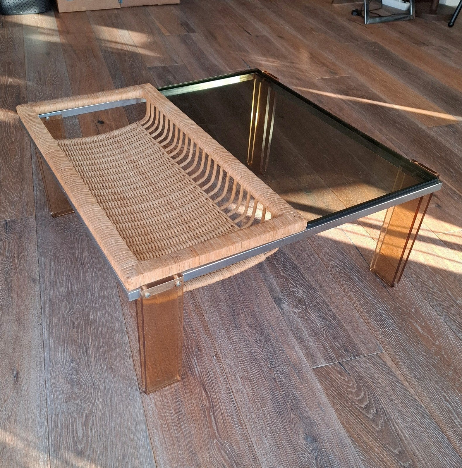 Vintage Chromen Lucite Koffietafel, Huis en Inrichting, Tafels | Salontafels, Ophalen, Gebruikt, Glas, 50 tot 100 cm