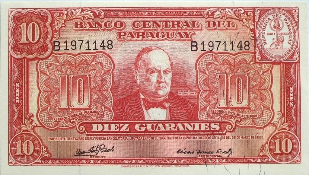 Paraquay 10 guarancies z.j. (1952, UNC, schaars), Ophalen of Verzenden, Zuid-Amerika, Los biljet