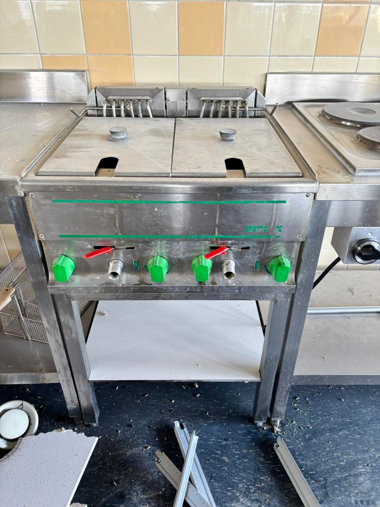 Gastro dubbele gas friteuse RVS – 2 bakken, 60cm breed, 4 liter of meer, Ophalen, Gebruikt, Duo-friteuse
