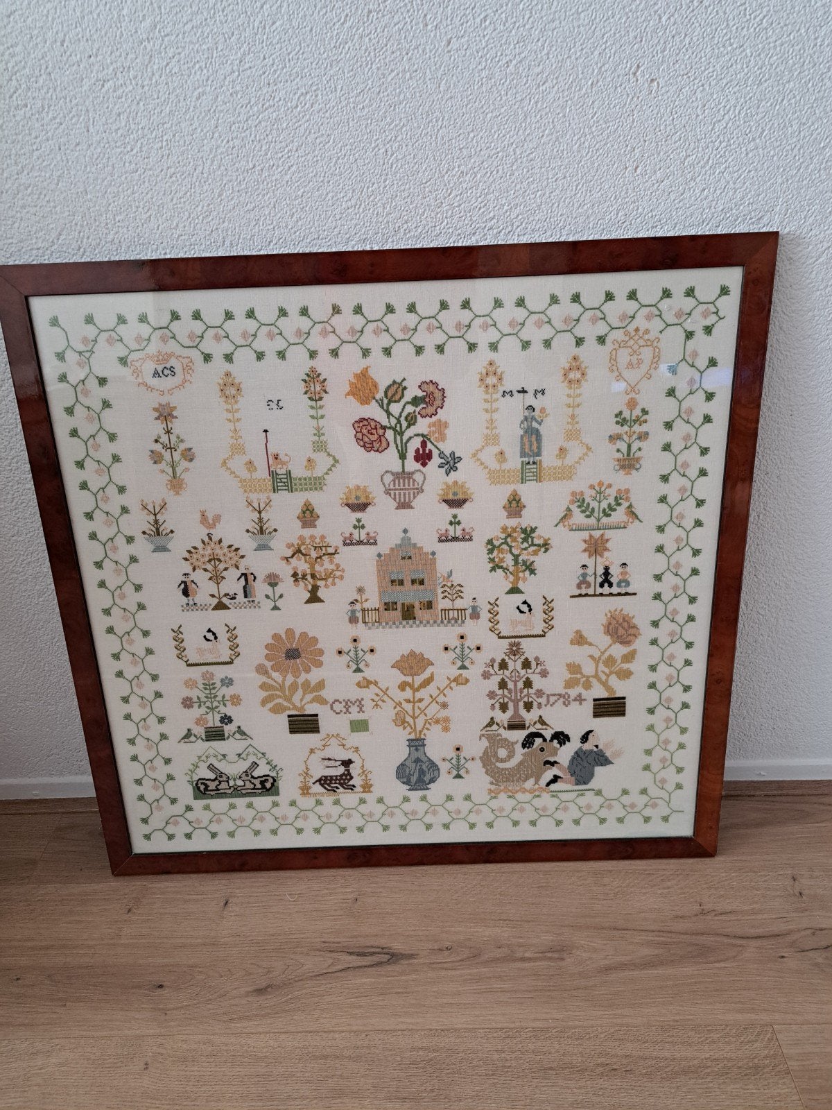 Mooi geborduurde merklap incl lijst 76X76, Antiek en Kunst, Ophalen