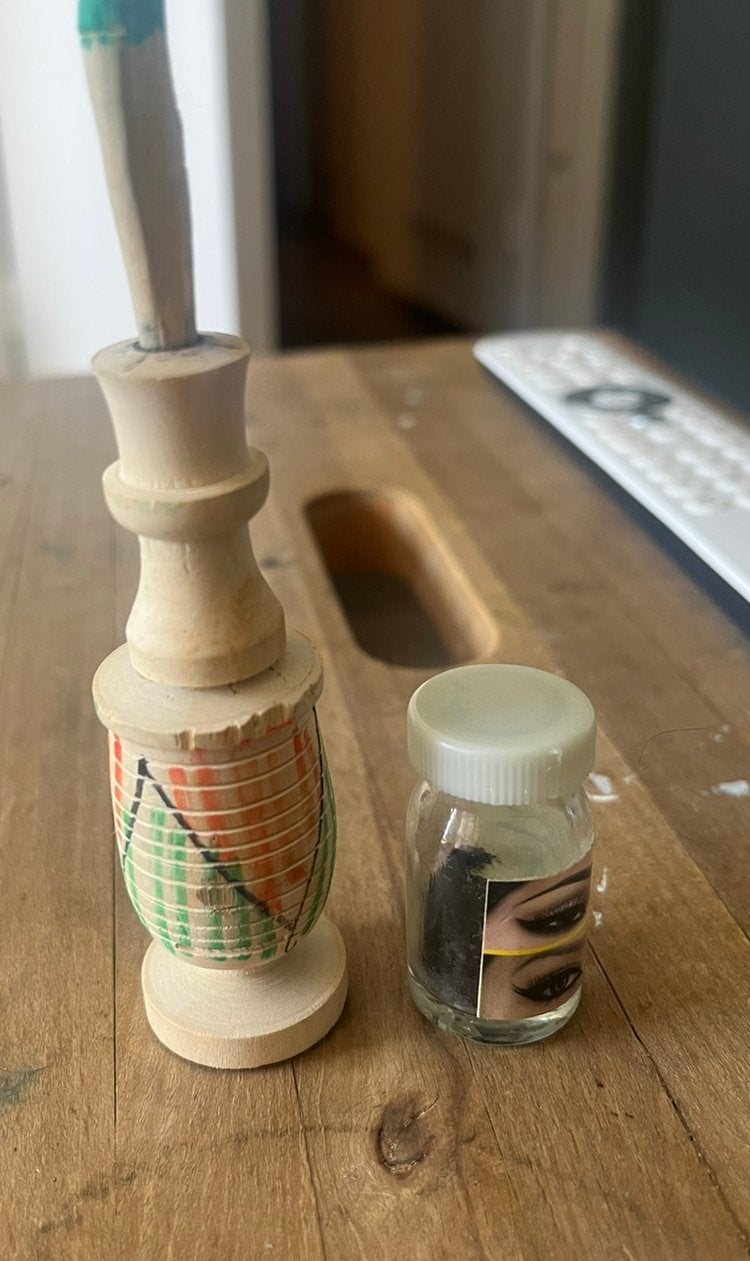 Marokkaanse houten kohlhouder surma potje met applicator, Ogen, Zwart, Ophalen of Verzenden, Zo goed als nieuw