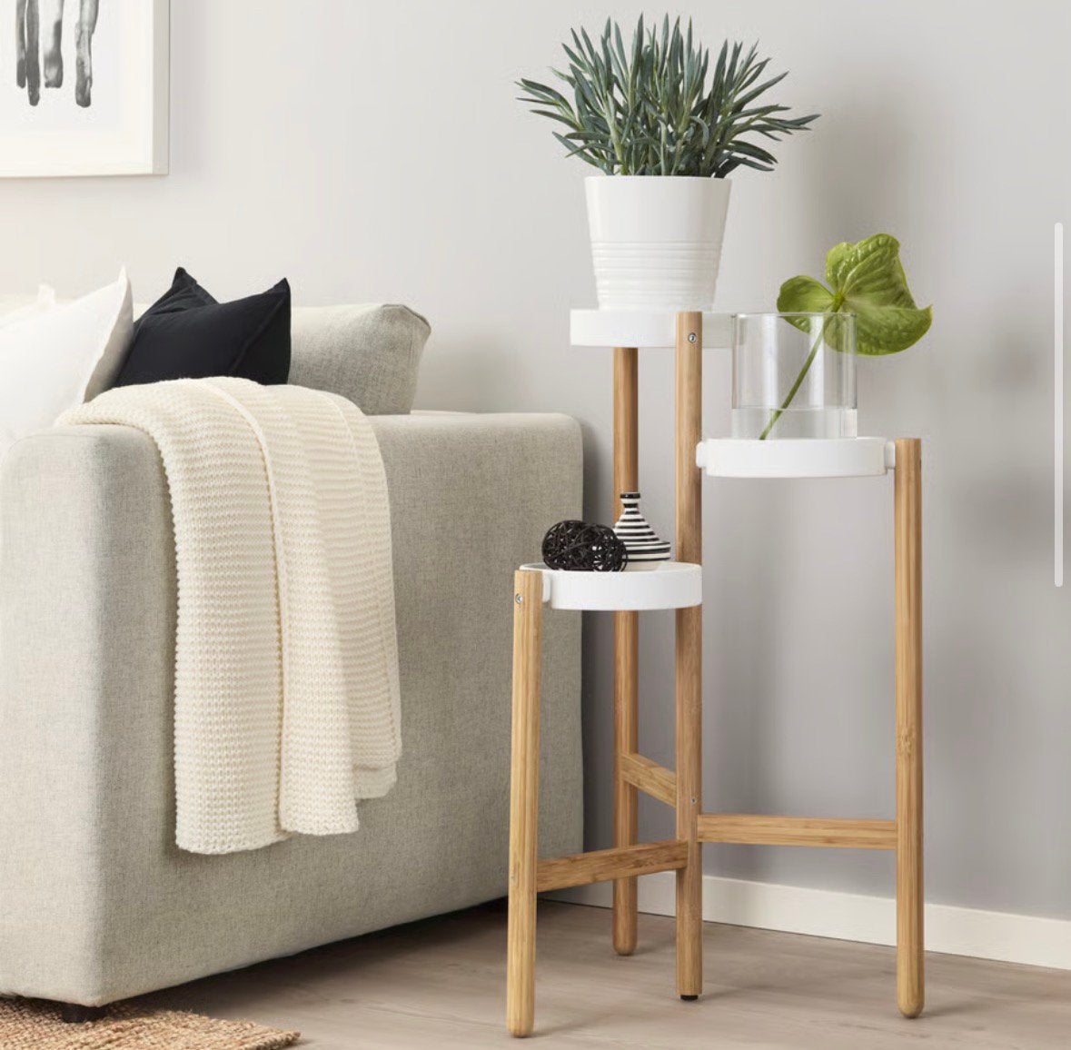 IKEA LERBERG Plantenstandaard - Wit/Bamboe, Huis en Inrichting, Ophalen, Hout, Zo goed als nieuw, Modern