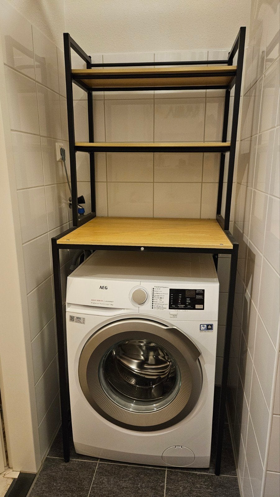 Wasmachine rek met planken - Zwart/Hout, Huis en Inrichting, Kasten | Overige, Ophalen, Zo goed als nieuw