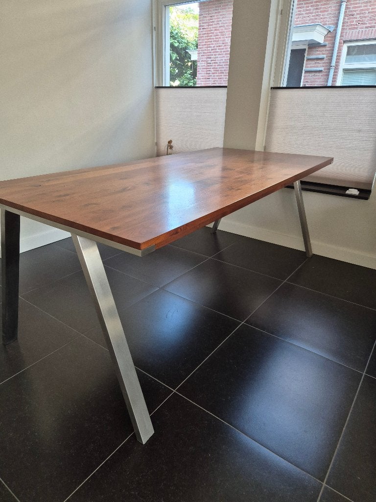 Massief Notenhouten Eetkamer tafel, Ophalen, Gebruikt, 200 cm of meer, 50 tot 100 cm
