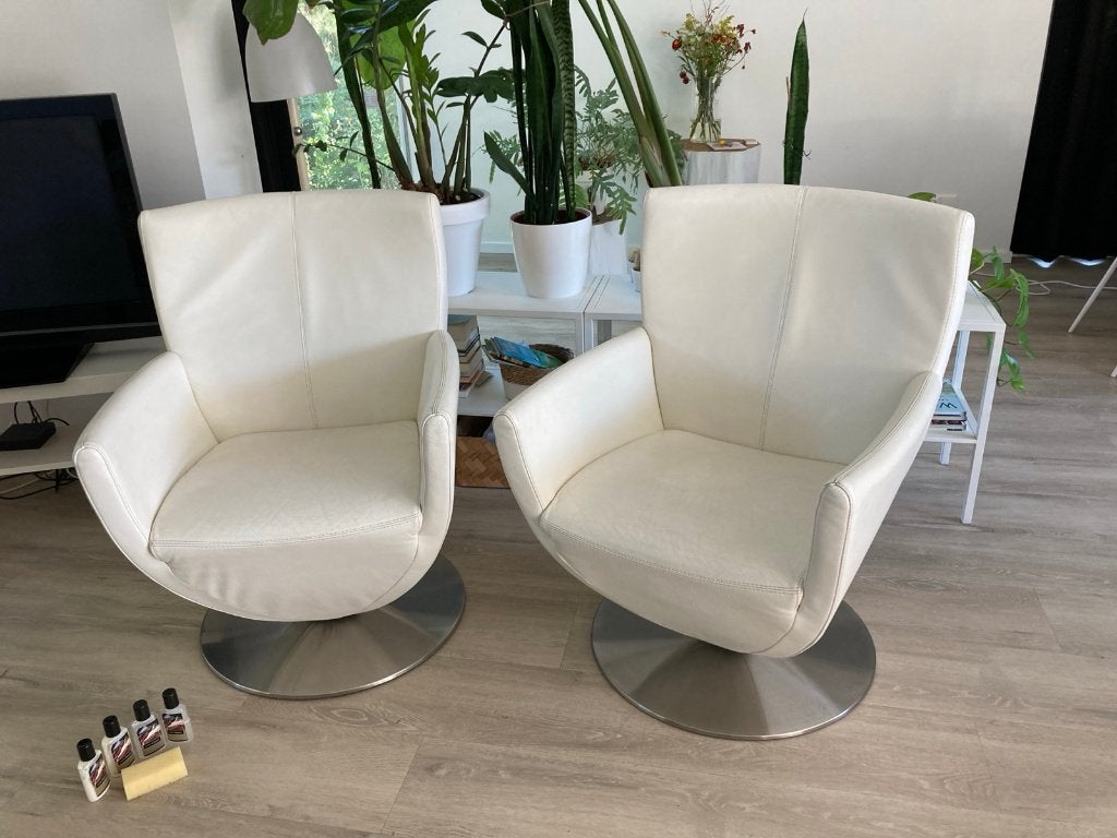 Witte leren draai-fauteuil, 2 stuks, Ophalen, Minder dan 75 cm, Leer, Zo goed als nieuw