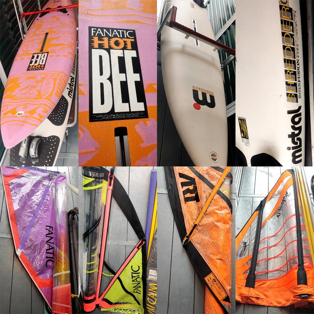 Vintage windsurfset: Mistral, Fanatic, 4 zeilen, Ophalen, 250 tot 300 cm, Met draagtas, Complete set