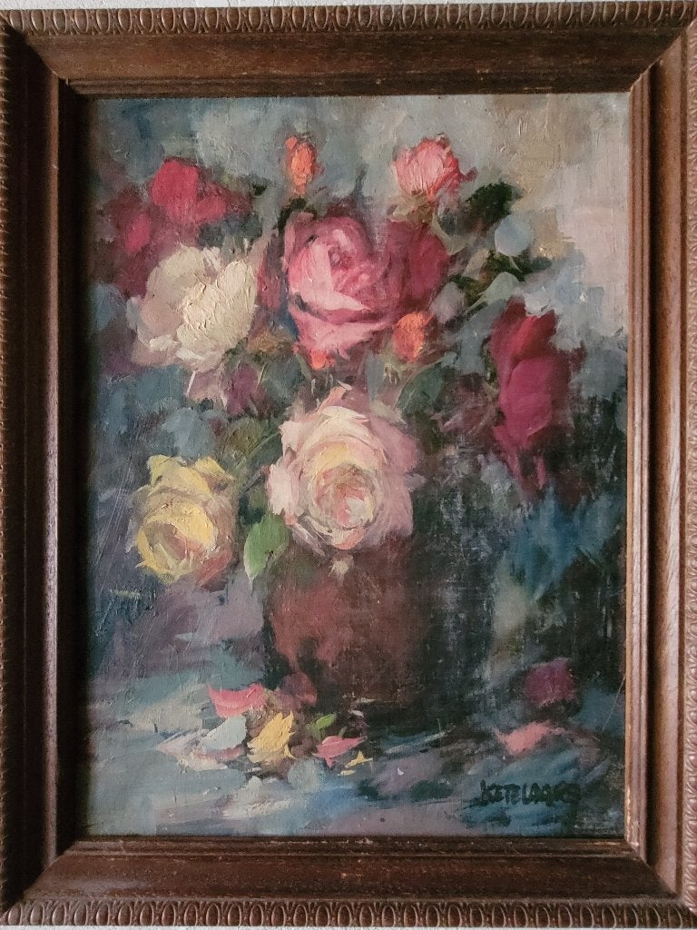 Antiek olieverfschilderij: Boeket rozen in vaas, Bloemen, Doek, Ophalen of Verzenden, Gedateerd