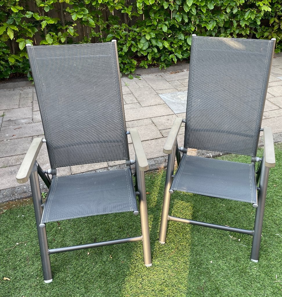 2x Verstelbare aluminium textileen tuinstoelen, Tuin en Terras, Tuinstoelen, Ophalen, Gebruikt, Aluminium, Verstelbaar