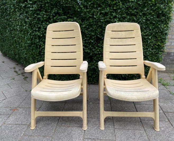 Set van 2 tuinstoelen / 5 standenstoel, Tuin en Terras, Ophalen, Gebruikt, Kunststof, Verstelbaar
