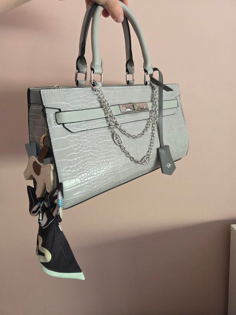 Hermes handtas grijs mat croco €35 met paard en twilly, Ophalen of Verzenden, Nieuw, Grijs, Handtas