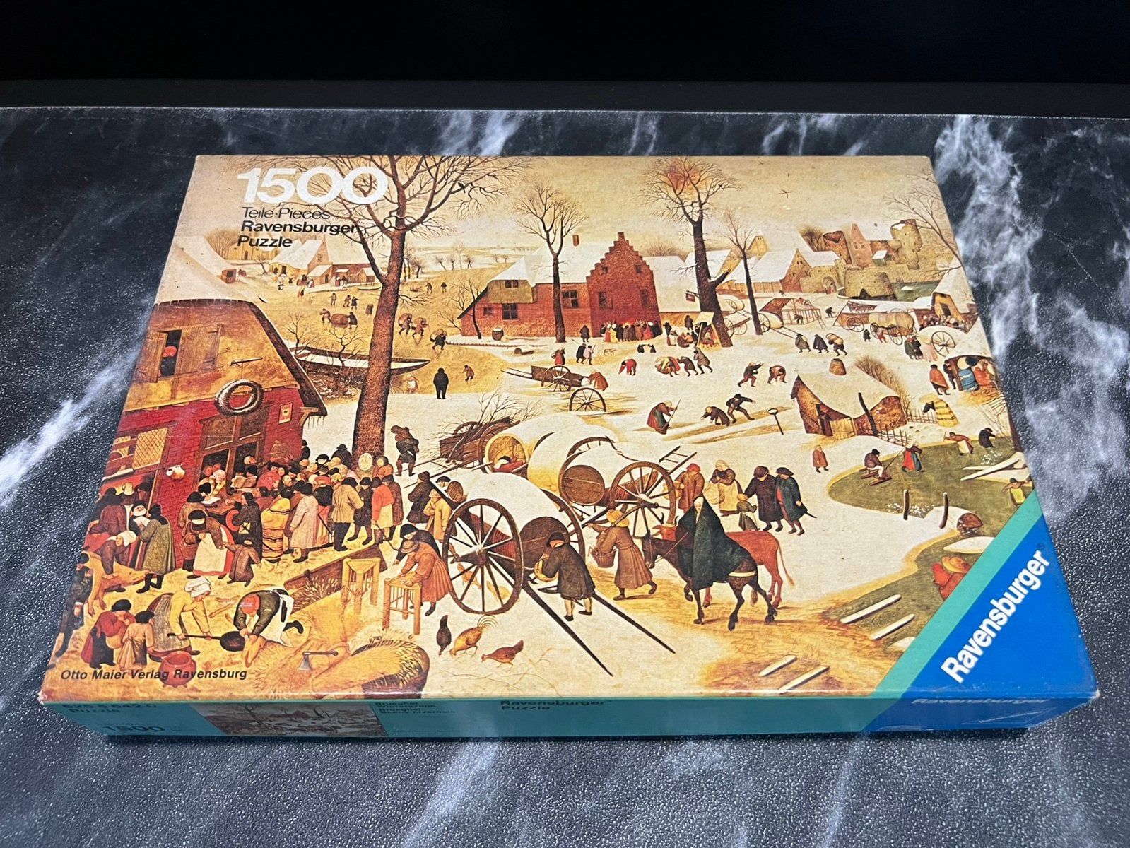 Vintage ravensburger puzzel 1500 stukje Brueghel Winterscene, Ophalen of Verzenden, 500 t/m 1500 stukjes, Zo goed als nieuw
