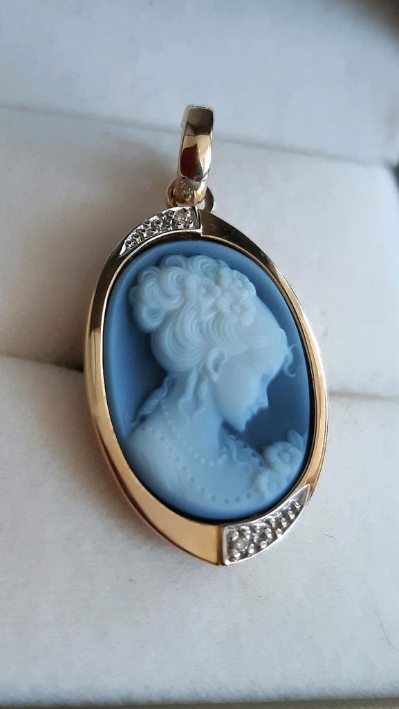 14 karaat gouden kettinghanger met camee en diamanten, Verzenden, Nieuw, Blauw, Goud