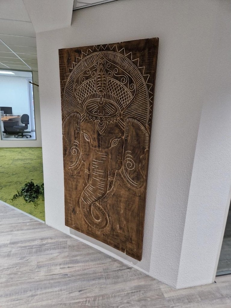 Olifant wandpaneel suarhout Ganesh groot 190 cm houtsnijwerk, Verburgt Vintage, 99 cm, Boho, 190 cm