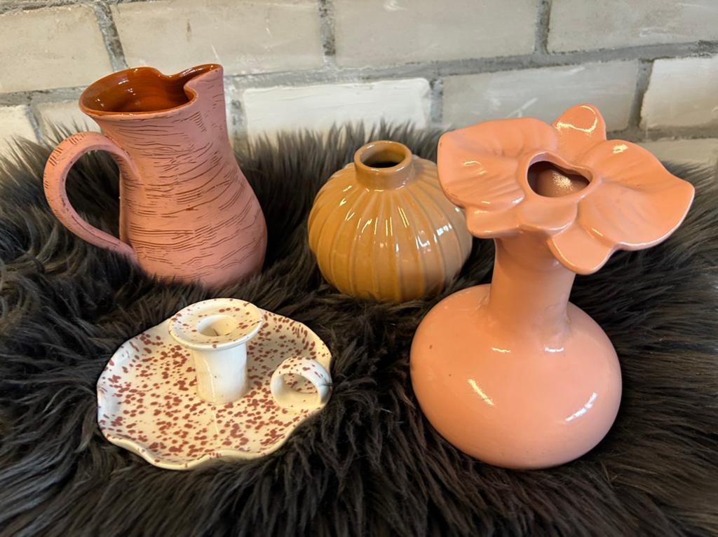Leuk set zalm kleurige vaasjes /kaarsenstandaardje, Overige kleuren, Ophalen of Verzenden, Minder dan 50 cm, Glas