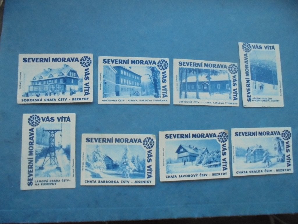 8 oude lucifersetiketten per. 1950 / 1960 Tsjechoslowakije, Ophalen of Verzenden, Zo goed als nieuw, Luciferdoosjes of -merken