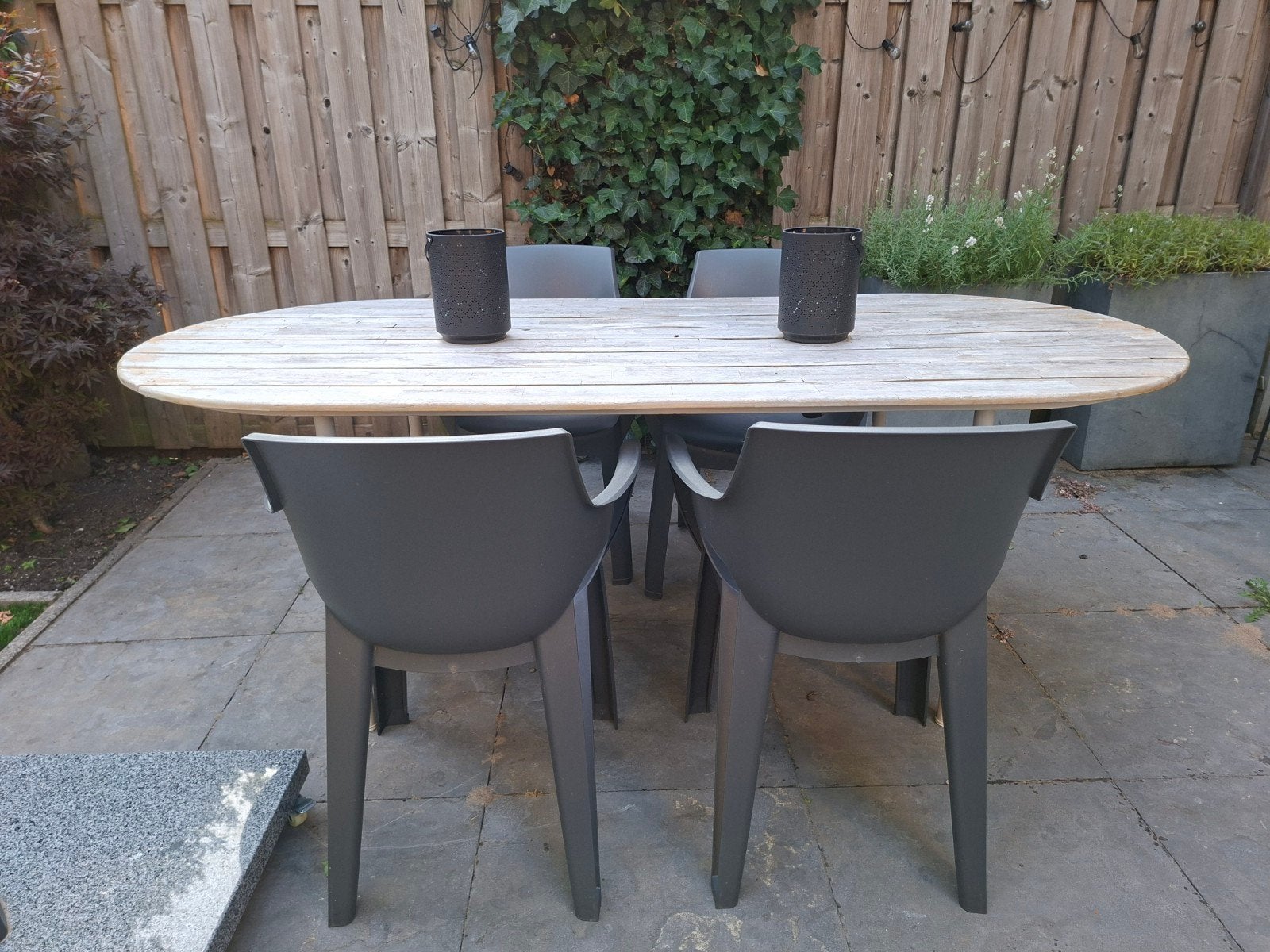 Tuintafel vergrijst acaia hout metaal onderstel | 6 personen, Tuin en Terras, Ophalen, Gebruikt, Rechthoekig, Hout