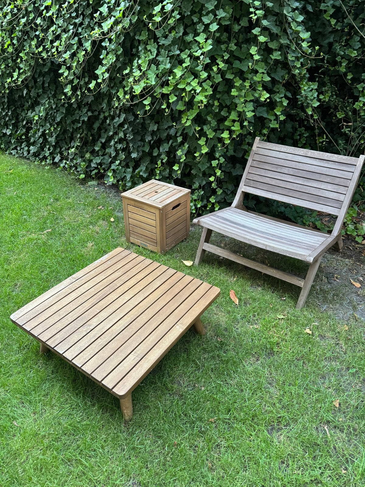 Houten Tuinmeubelen Set Acacia: Bankje, Tafel & Opbergbox, Ophalen, Gebruikt, Hout