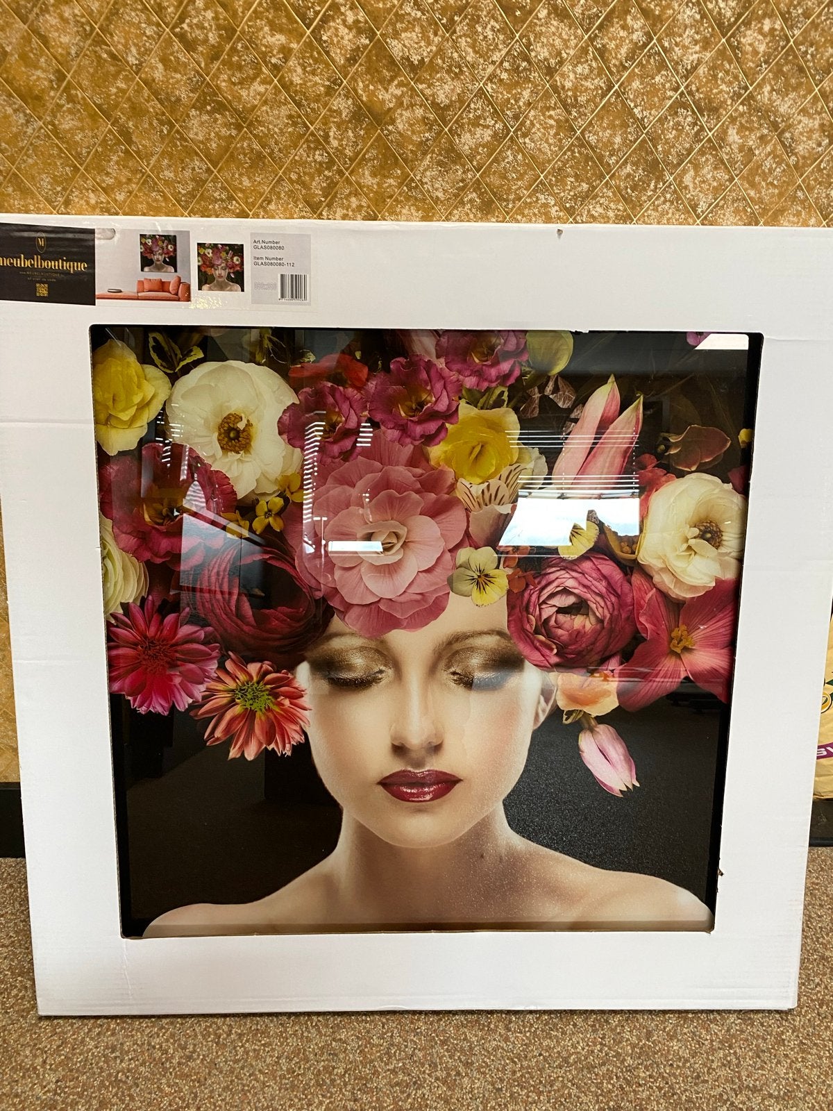 Prachtig Glas Schilderij 80x80 cm - Vrouw met Bloemen, Huis en Inrichting, Woonaccessoires | Schilderijen, Tekeningen en Foto's