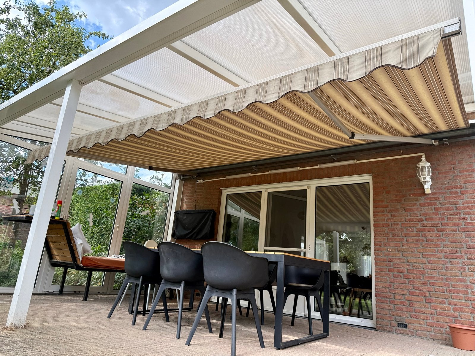 Retro Elektrisch Zonnescherm Bruin Gestreept 510x310cm, Tuin en Terras, Zonneschermen, Ophalen, 450 cm of meer, Elektrisch, Zo goed als nieuw