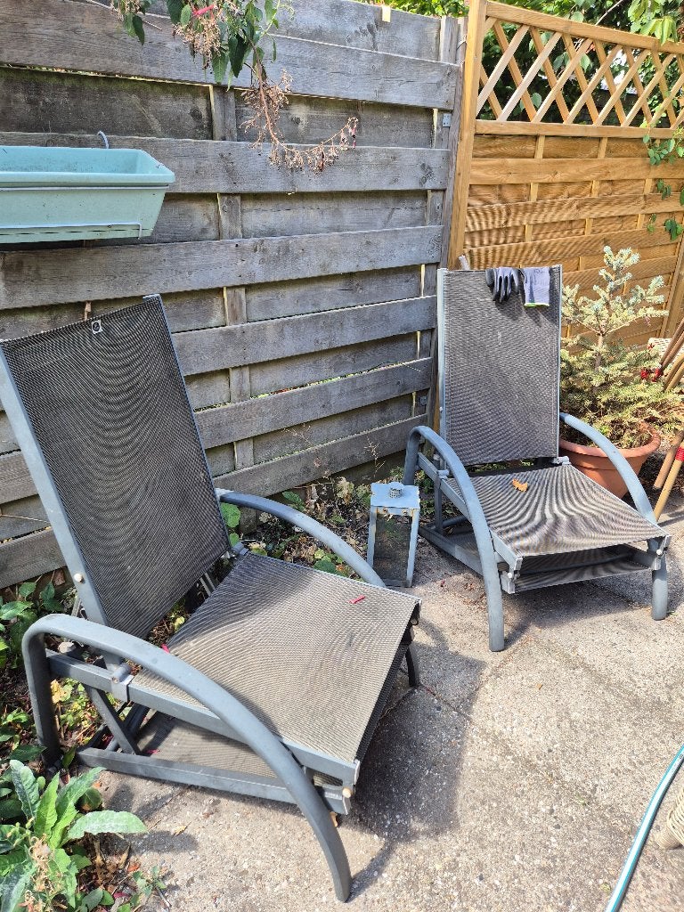 2 antraciet ligstoelen Le Sud, Tuin en Terras, Tuinsets en Loungesets, Gebruikt, Aluminium, Stoel, Tuinset