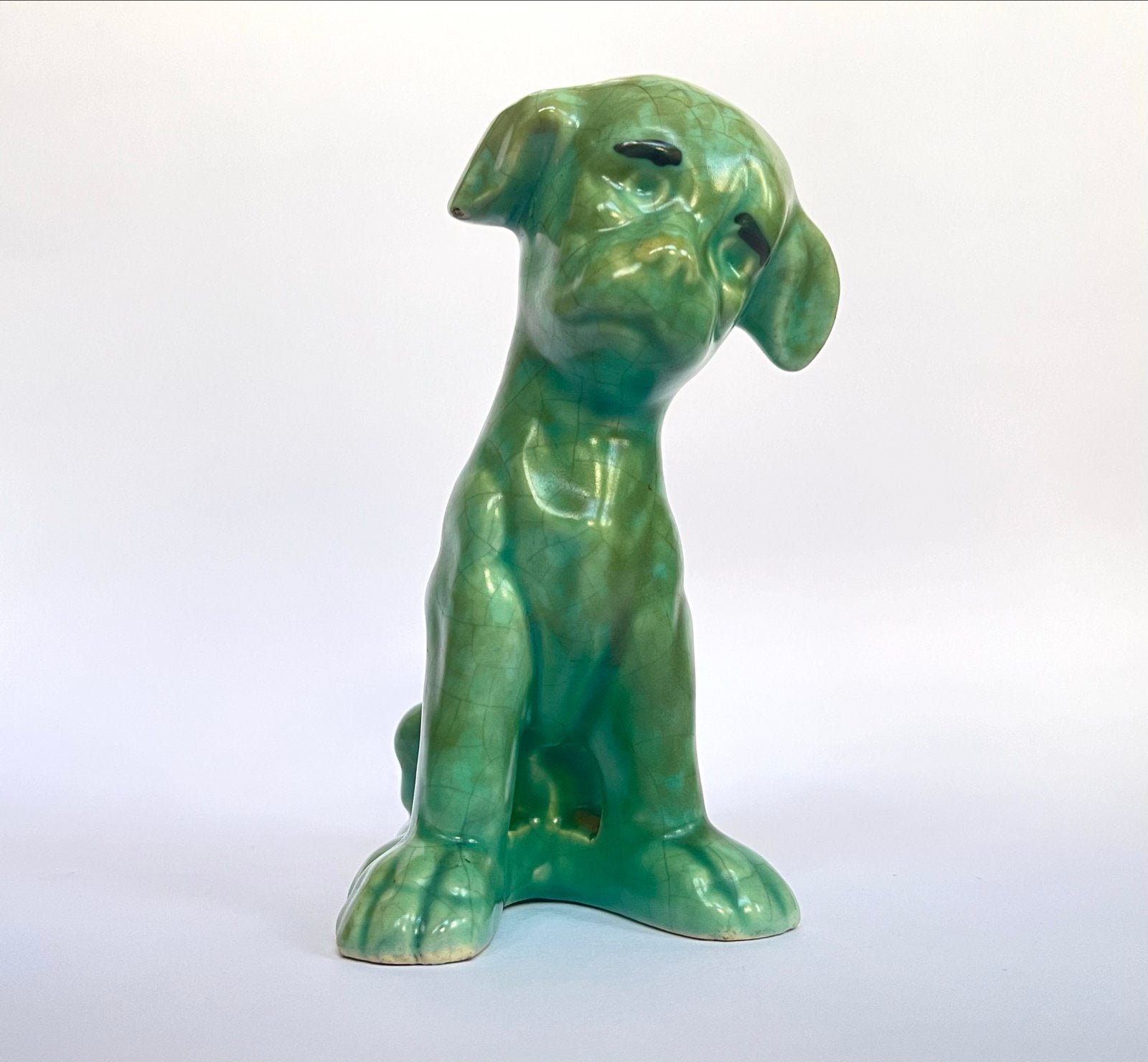 Jaren '20 Art Deco Hond Beeldje - Prachtig Groen Glazuur, Ophalen of Verzenden