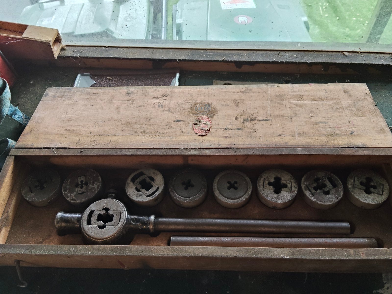 Antieke HB Made in Germany snijplaten set in houten kist, Ophalen of Verzenden, Gebruikt