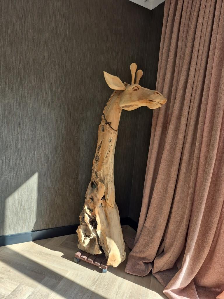 Teakhouten Giraffe Beeld - 1.50m, Antiek en Kunst, Kunst | Beelden en Houtsnijwerken, Ophalen
