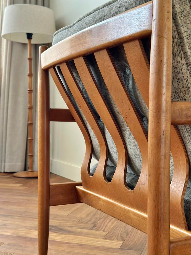 Vintage fauteuil Deens design hout stof jaren 50/60/70, Ophalen, 75 tot 100 cm, Stof, 50 tot 75 cm