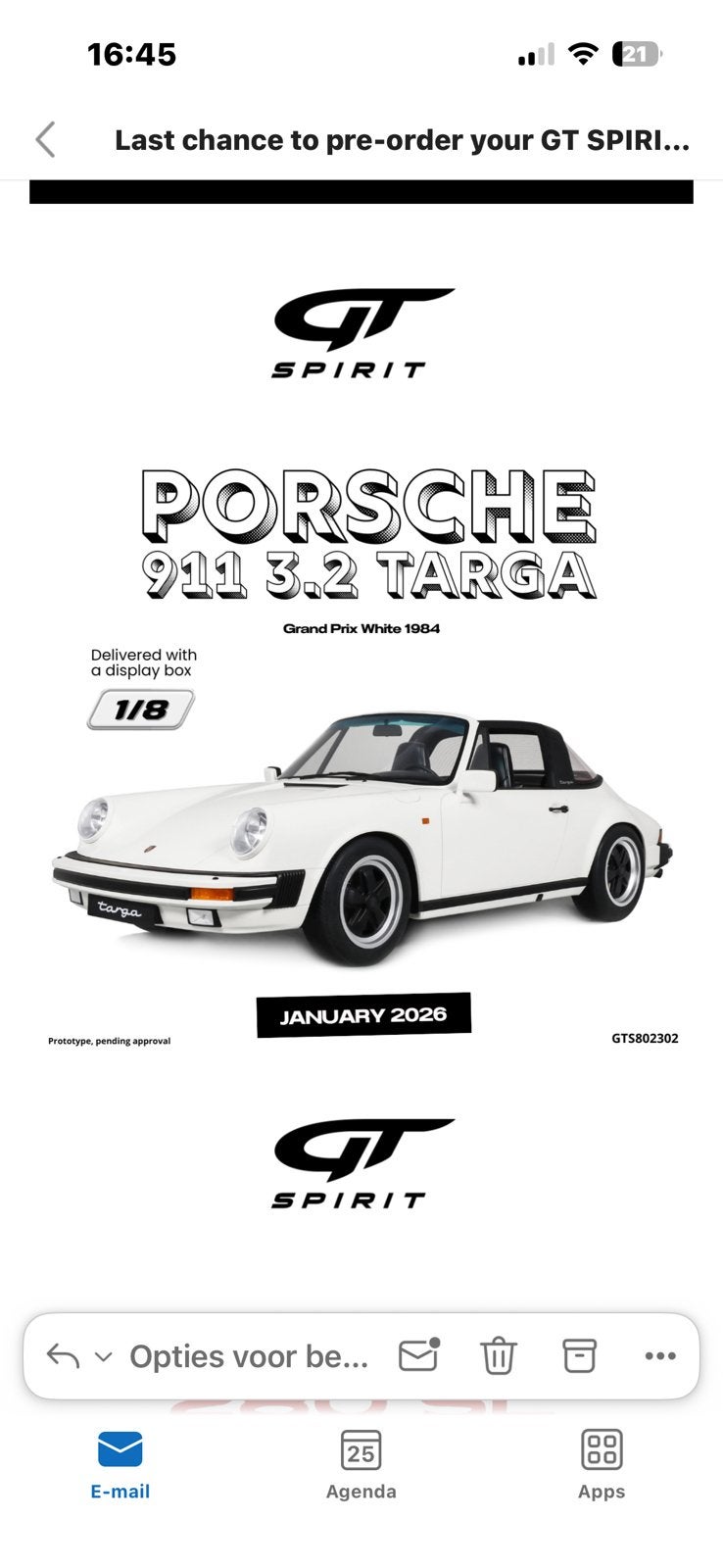 Porsche 911 3.2 Targa wit GT Spirit 1:8 NIEUW ! C4F, Ophalen, Auto, ., Nieuw