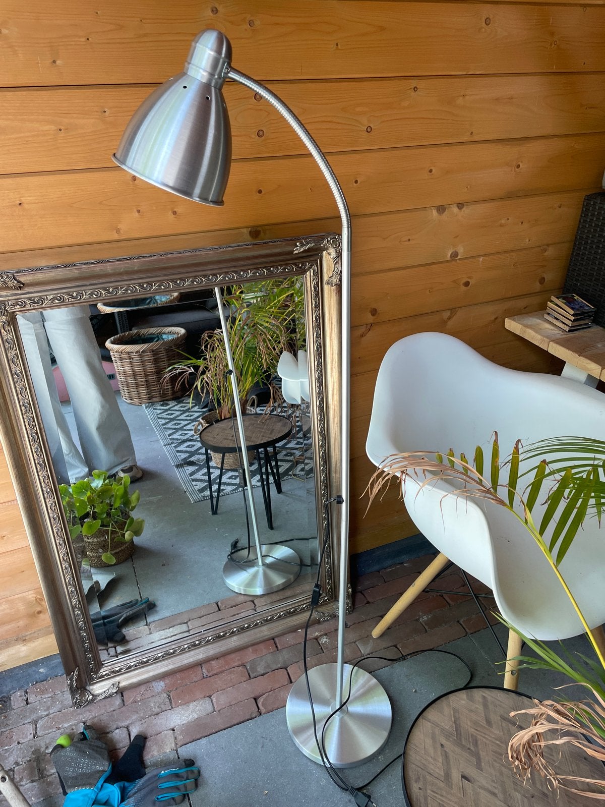 Moderne vloerlamp met flexibele arm, zilverkleurig, Ophalen, Gebruikt, E27 (groot), Metaal