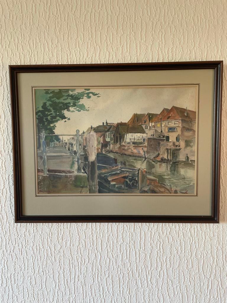 Aquarel 1945 van de Lingehaven Gorinchem, Antiek en Kunst, Kunst | Schilderijen | Klassiek, Ophalen of Verzenden